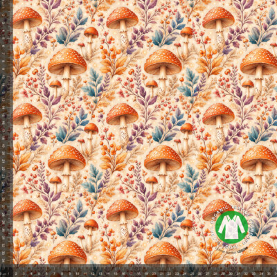 Kids jersey fabric with mushrooms and small flowers