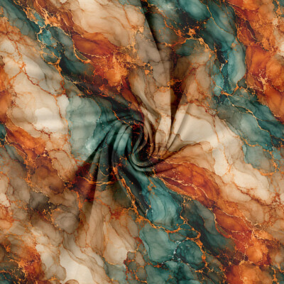 Digital print cotton jersey fabric with flowing petrol marble pattern