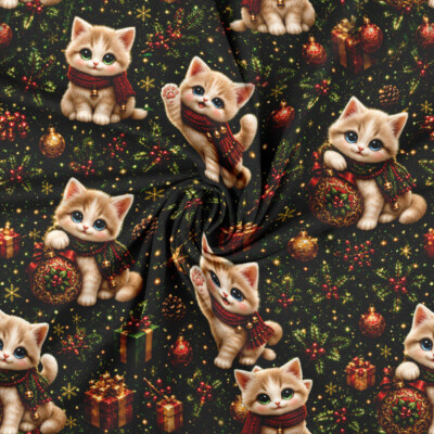 Jersey print with Christmas kittens on a green base