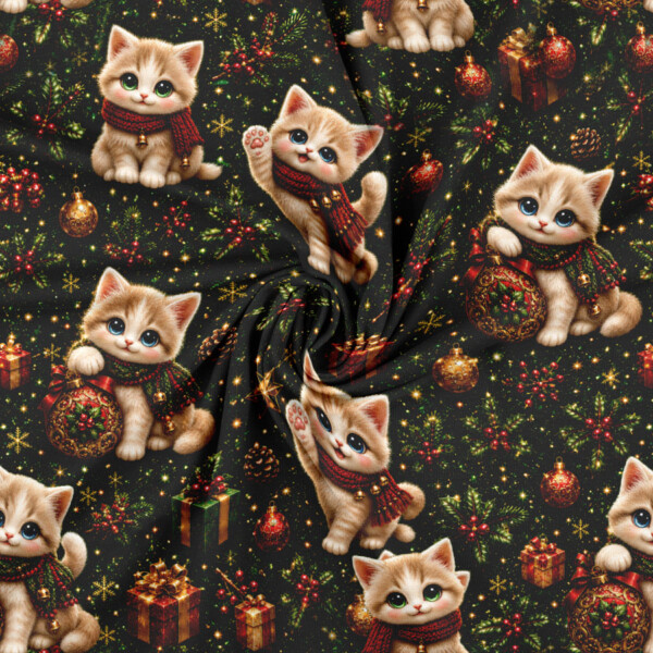 Jersey print with Christmas kittens on a green base