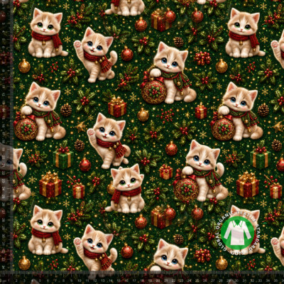 Jersey print with Christmas kittens on a green base - Image 1
