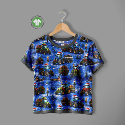Jersey print med juletraktorer på blå bund - Billede 3