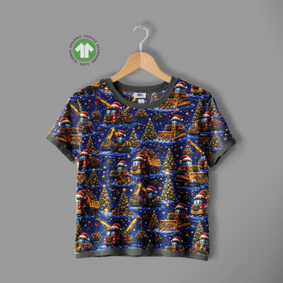 Printed jersey fabric with excavators in a winter landscape - Image 3