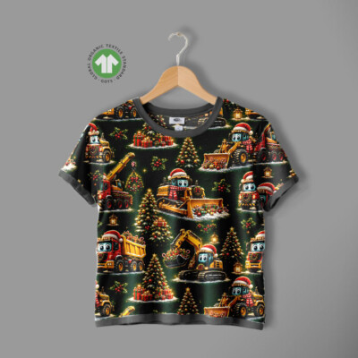 Jersey print med julemaskiner på grøn bund - Billede 3