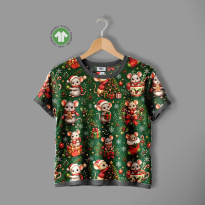 Jersey print med julemus på grøn bund - Billede 4