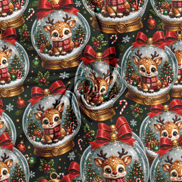 Christmas digital print cotton jersey with deer in snow globes