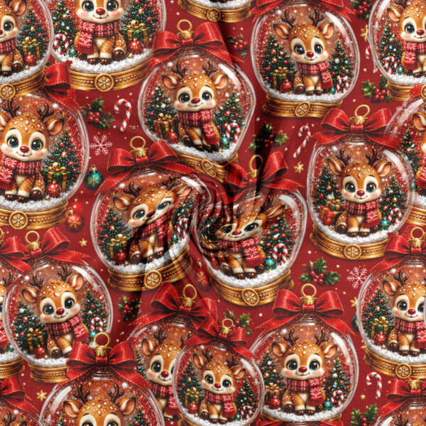 Printed cotton jersey fabric with reindeer in red Christmas baubles