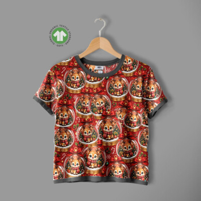 Printed jersey with reindeer in red Christmas baubles - Image 4