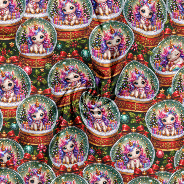 Printed cotton jersey fabric with unicorns in snow globes