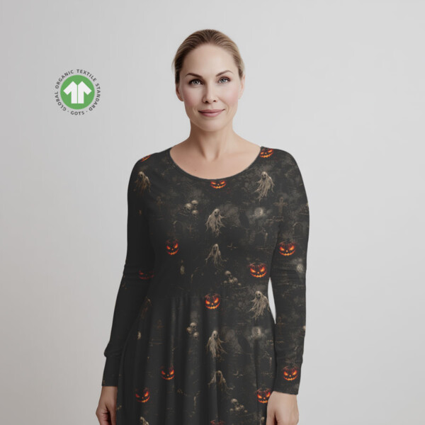 Jersey stof med print ugler og græskar 160 cm bred