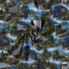 Detalje af jersey print med lastbiler og grantræer på bomuld/lycra