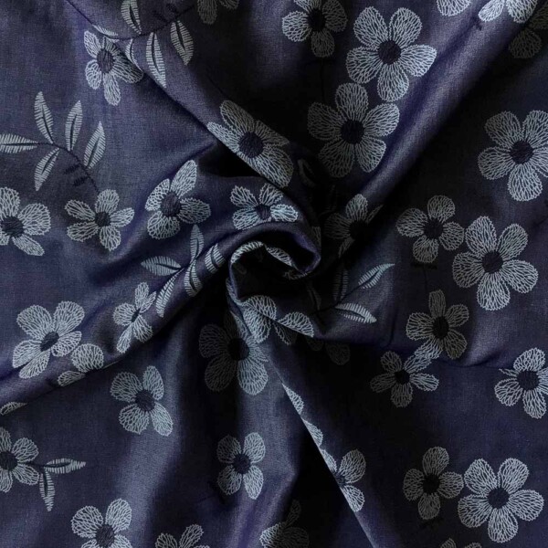 Chambray metervare 150 cm bred – mørk jeans med blomster