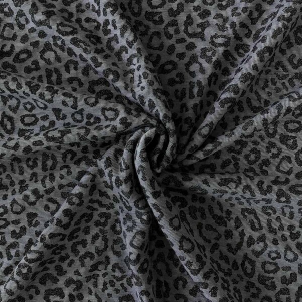 Sininen ja harmaa leopardikuvio rib-neulotussa merinovilla-silkki jerseyssä