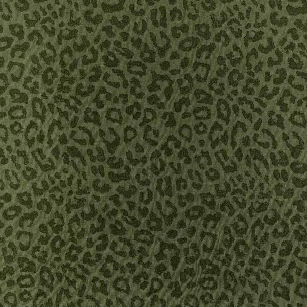 Green leopard merino wool silk jersey 1x1 rib knit 165 cm