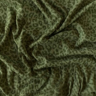 Green leopard wool-silk rib knit jersey in full width