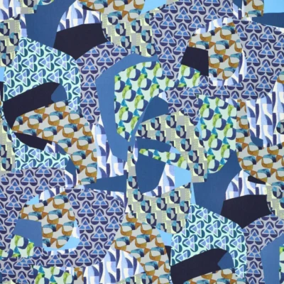 Viscose med geometrisk patchwork  - blå