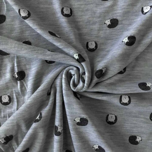 Hedgehog print on merino wool silk rib knit fabric for childrenswear