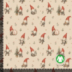 Printed cotton jersey with Santas and lanterns on taupe