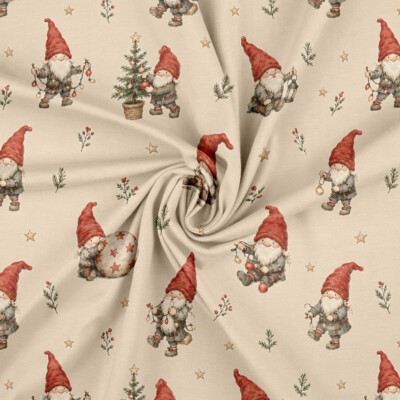 Watercolour Santa and lantern pattern on taupe jersey fabric