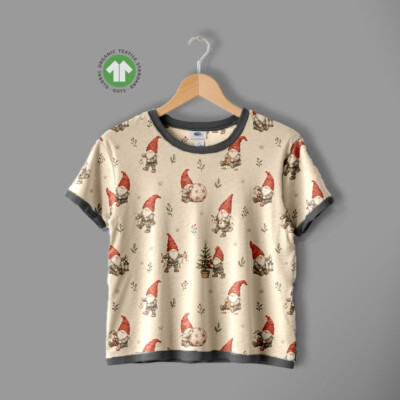 Detail of Santas and lanterns on taupe printed jersey fabric