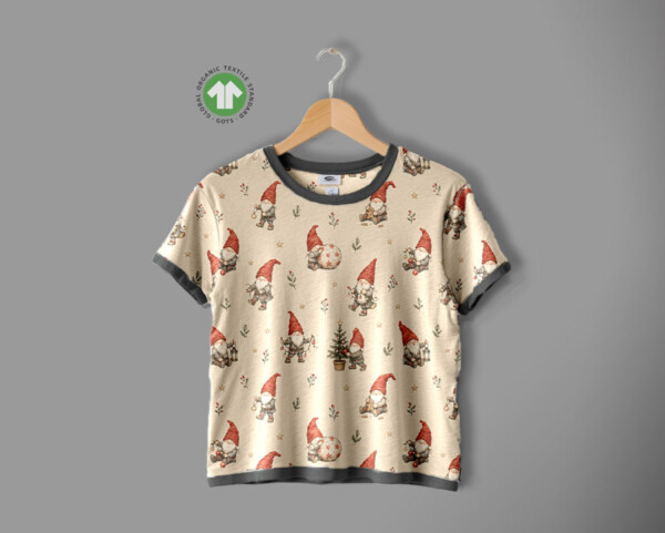Detail of Santas and lanterns on taupe printed jersey fabric