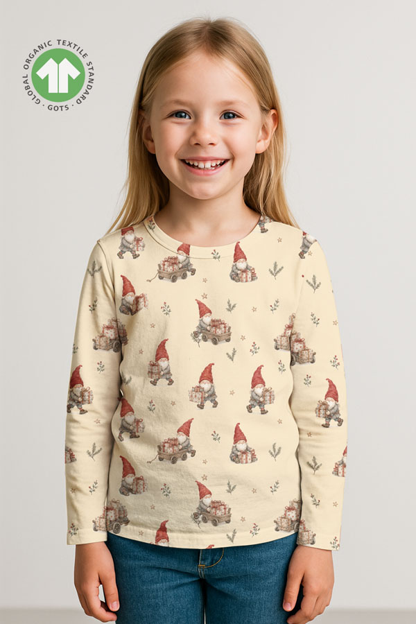 Detail of gnomes and gift cart motif on cream cotton jersey