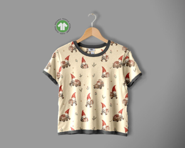 Repeat view of gnomes and gift cart print on cream jersey fabric