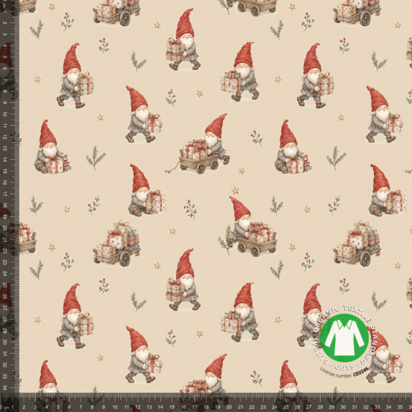 Jersey print with gnomes and gift cart on taupe