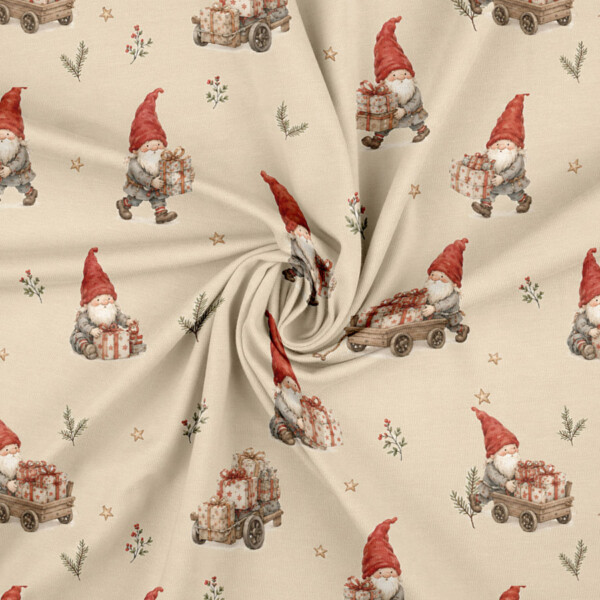Christmas gnomes and gift cart digital print cotton jersey on taupe