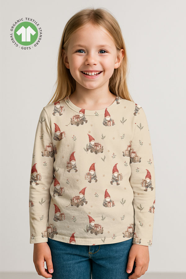 Detail of gnomes and gift cart motif on taupe cotton jersey