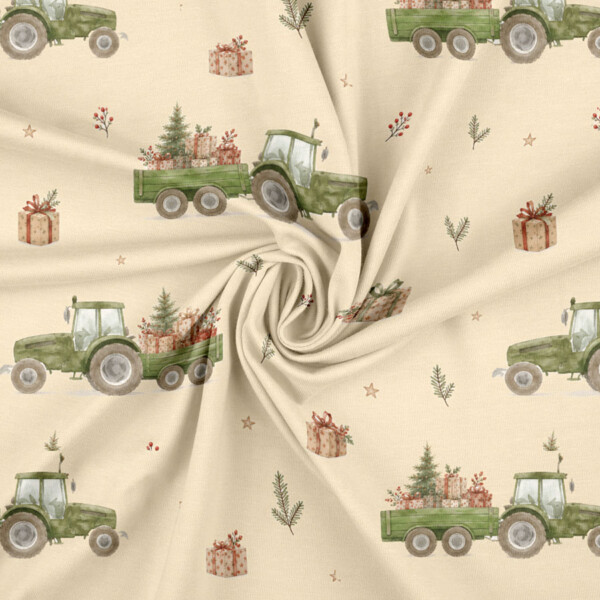 Green tractors with Christmas trees digital print cotton jersey on cream