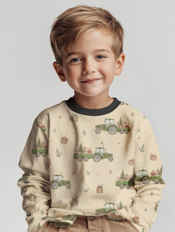 Repeat view of tractors and Christmas trees print on cream jersey fabric