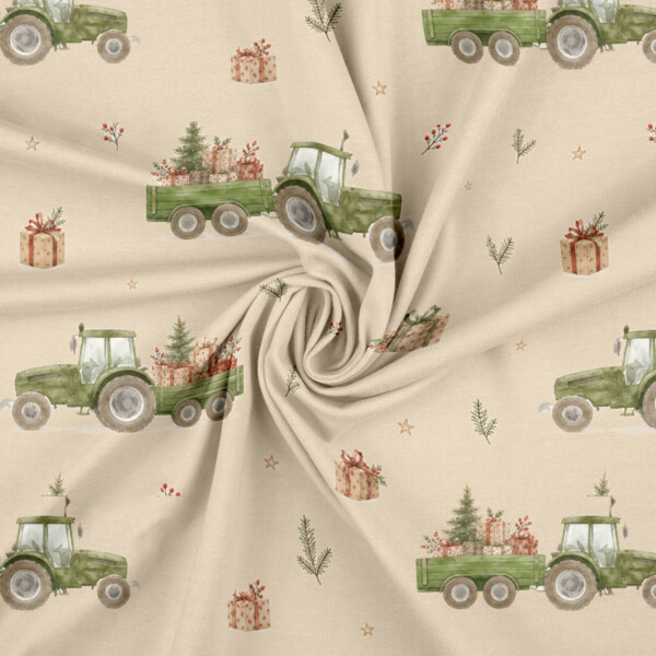 Green tractors with Christmas trees digital print cotton jersey on taupe