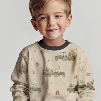 Repeat view of tractors and Christmas trees print on taupe jersey fabric