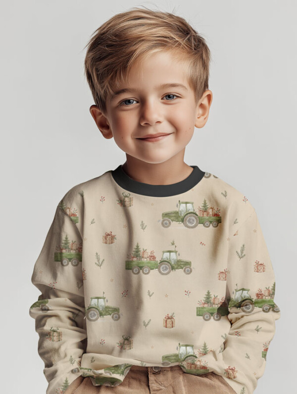Repeat view of tractors and Christmas trees print on taupe jersey fabric