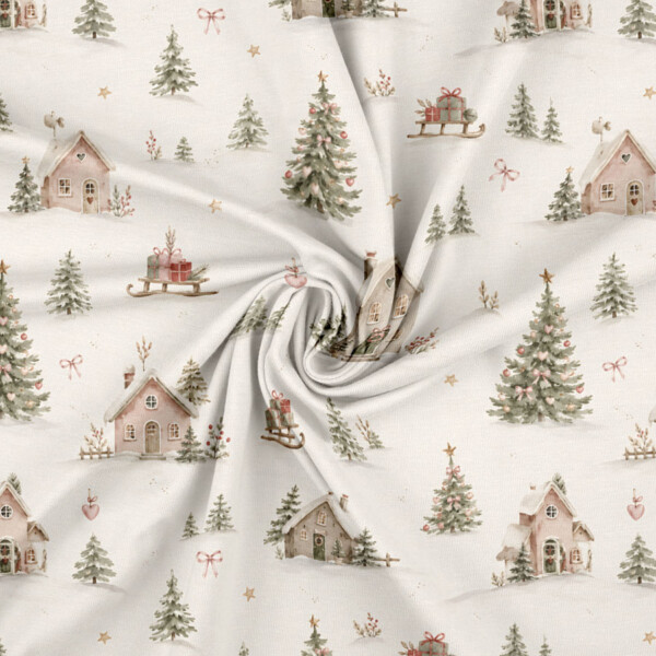 Snowy village with hearts digital print cotton jersey on off-white