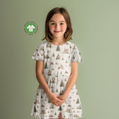 Repeat view of snow-covered village print with hearts on jersey fabric