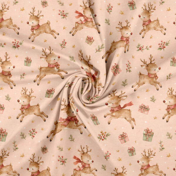 Christmas jersey fabric with fawn deer and gold stars on peach