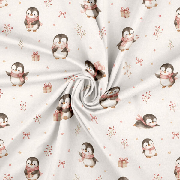 Penguins and Christmas gifts digital print cotton jersey fabric