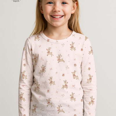 Digital print jersey fabric with reindeer and gifts on light pink background