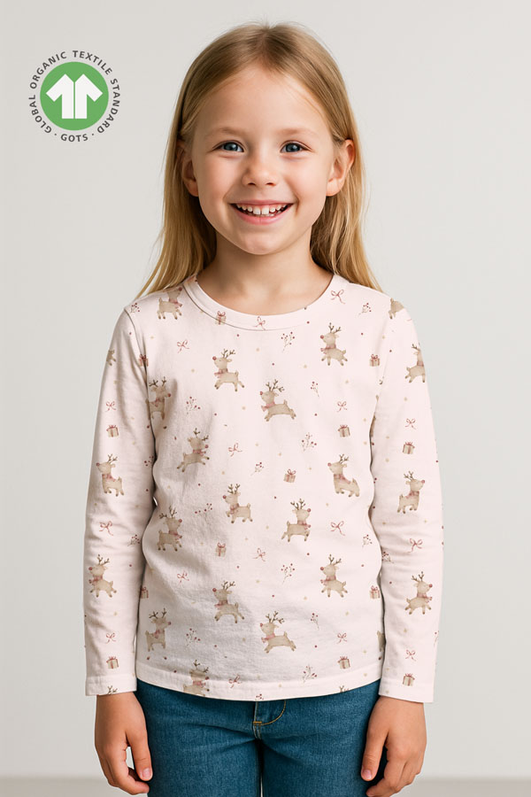 Digital print jersey fabric with reindeer and gifts on light pink background