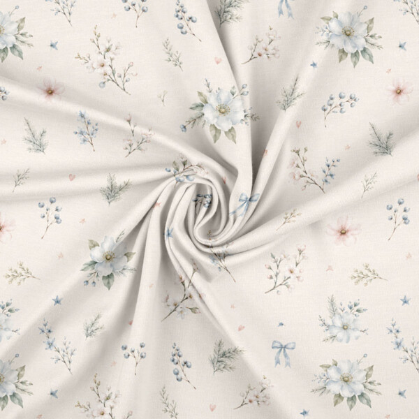 Digital print jersey fabric with winter roses, berries and bows