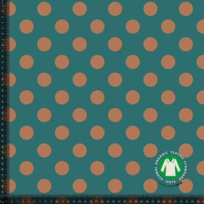 Jersey print med terracotta prikker på petrol