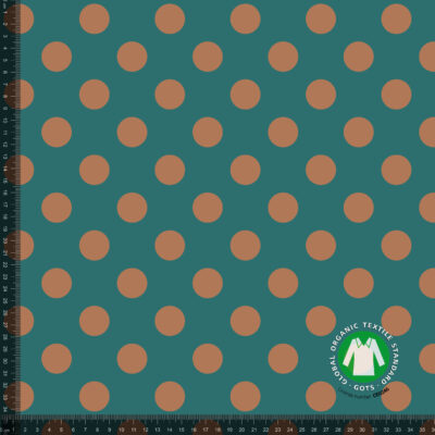 Jersey print med terracotta prikker på petrol