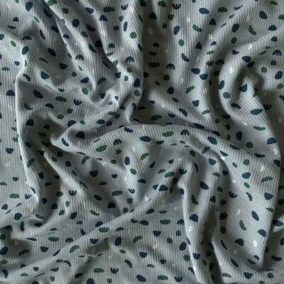 Grey base with graphic shapes on merino wool silk rib jersey