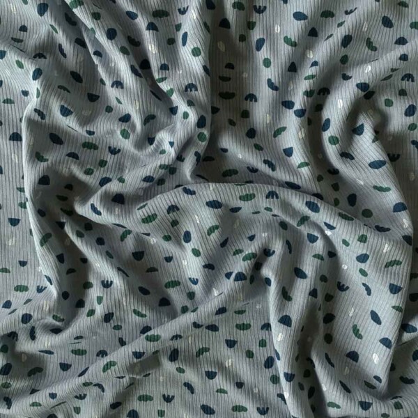 Grey base with graphic shapes on merino wool silk rib jersey
