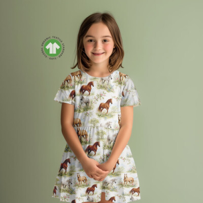 Jersey print med heste og markblomster på hvid - Billede 4