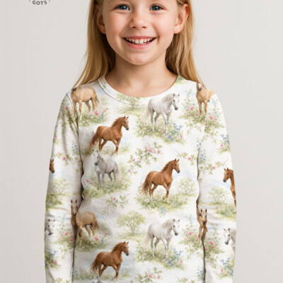Jersey print med heste og markblomster på hvid - Billede 6