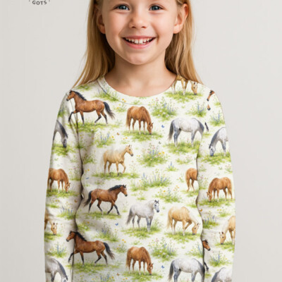 Jersey print med heste og sommerfugle på hvid eng - Billede 6