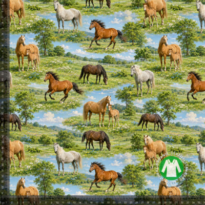 Jersey print med hopper og føl på græsmark